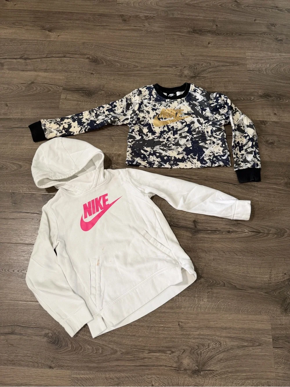 Nike White Hoodie with Pink Swoosh & Navy Camo Gold-Logo Sweatshirt Set